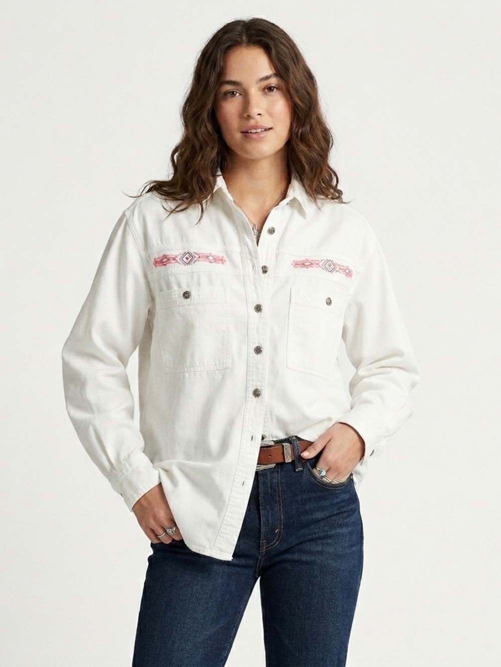 Nuovo Button Down Shirt Vintage Embroidered Southwestern White Fits L